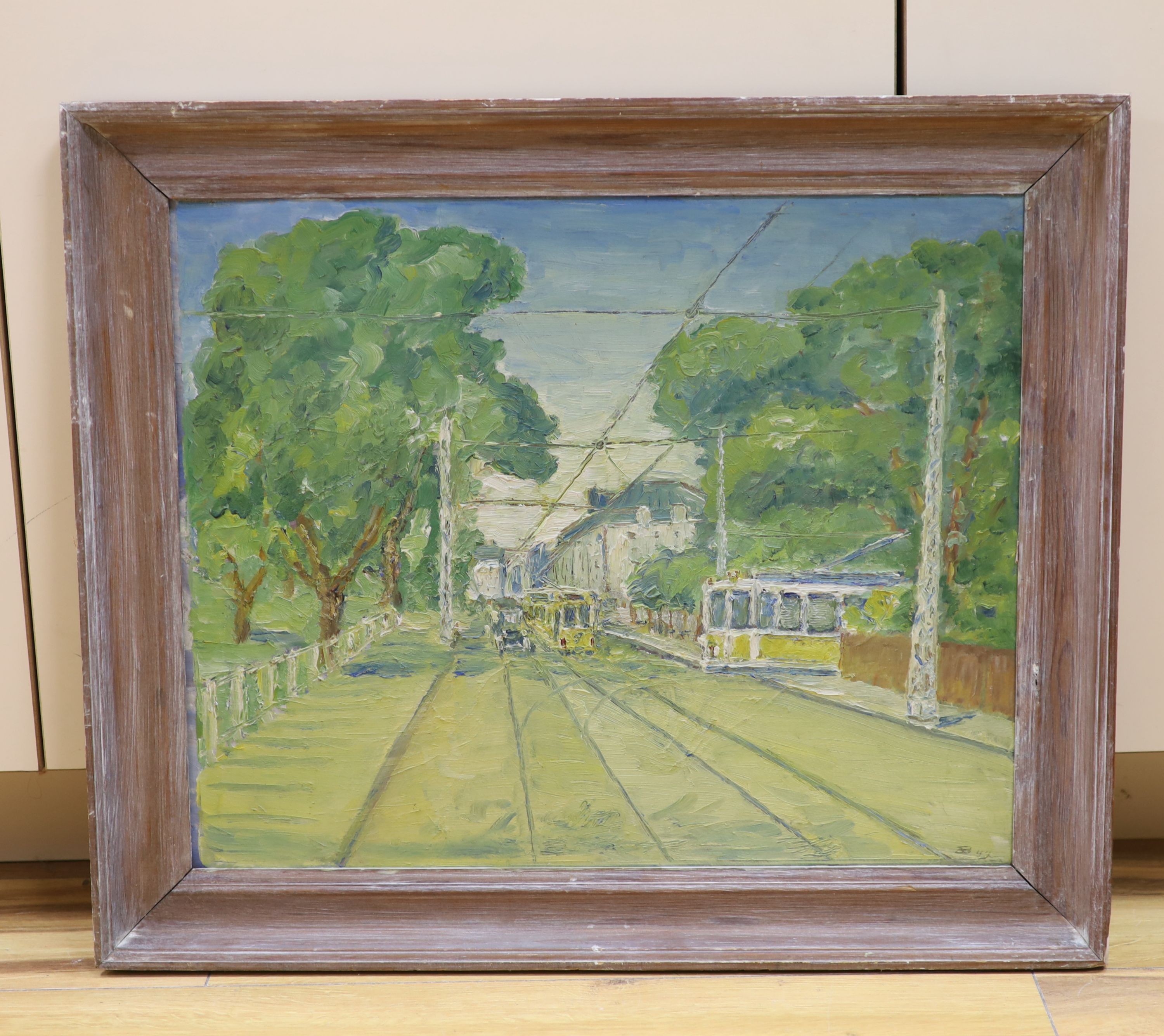 Modern British, oil on board, Street scene with trams, monogrammed and dated '42, 37 x 46cm
